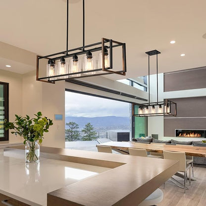 5-Light Black and Bronze Kitchen Island Lighting, Farmhouse Dining Room Light Fixtures Over Table, Linear Chandelier for Dining Room, Pool Table Pendant Light with Seeded Glass Shade