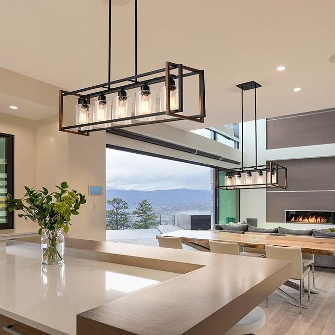 Dining Room Light Fixture, 5-Light Black Chandeliers for Dining Room, Farmhouse Kitchen Island Lighting, Pendant Lights Kitchen Island, Dining Room Chandelier Over Table, with Glass Shade, E26 Socket