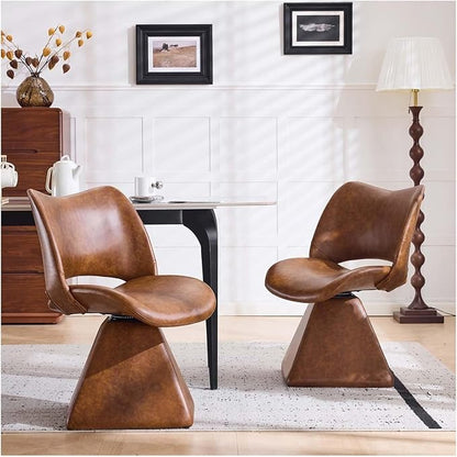 360° Swivel Dining Chair with Curved High Backrest, Comfy Faux Leather Kitchen Chair with Solid Wood Frame, Upholstered Seat for Kitchen Island Desk Living Room(Brown)