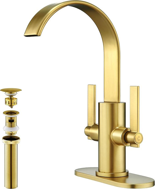 Brushed Gold Bathroom Faucet for Bathroom Sink 1Hole or 3 Hole，high-arc 360° Swivel spout for Vanity Sink with Metal Pop-Up Drain & Supply Lines