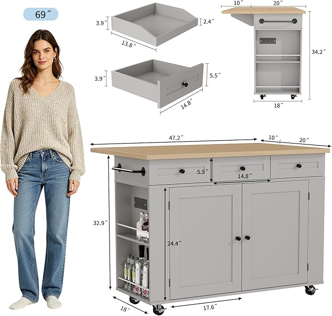 GarveeHome Rolling Kitchen Island with Drop Leaf Countertop, Charging Station & Ample Storage - 47.2 in Mobile Kitchen Cart On Wheels with Pull-Out Shelves, Drawers, Spice Rack & Organizer Divider