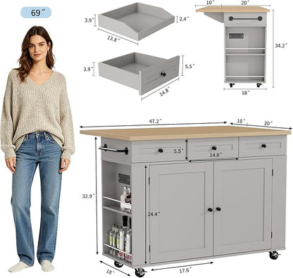 GarveeHome Rolling Kitchen Island with Drop Leaf Countertop, Charging Station & Ample Storage - 47.2 in Mobile Kitchen Cart On Wheels with Pull-Out Shelves, Drawers, Spice Rack & Organizer Divider