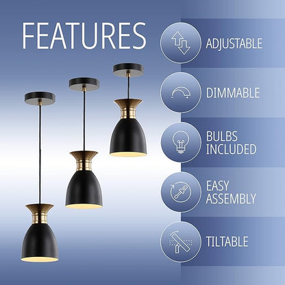 JONATHAN Y 5.75" Black/Brass Gold Modern Metal LED Pendant Light Fixture, Adjustable Hanging Ceiling Lamp for Kitchen Island Bedside, Metal Black Shade, LED Bulb Included JYL6136A
