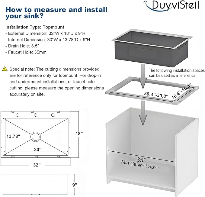 32 x 18 Inch Drop in Kitchen Sink, Nano-Coated Topmount Single Bowl Stainless Steel Sink with Drain Kit Baskets