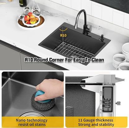 Black 25x20 Inch Drop In Kitchen Sink-Stainless Steel Single Bowl Topmount Kitchen Sink Stylish And Modern Look With Bottom Grid,Silicon Mat And Drain Assembly Add Elegance & Enhance Usability