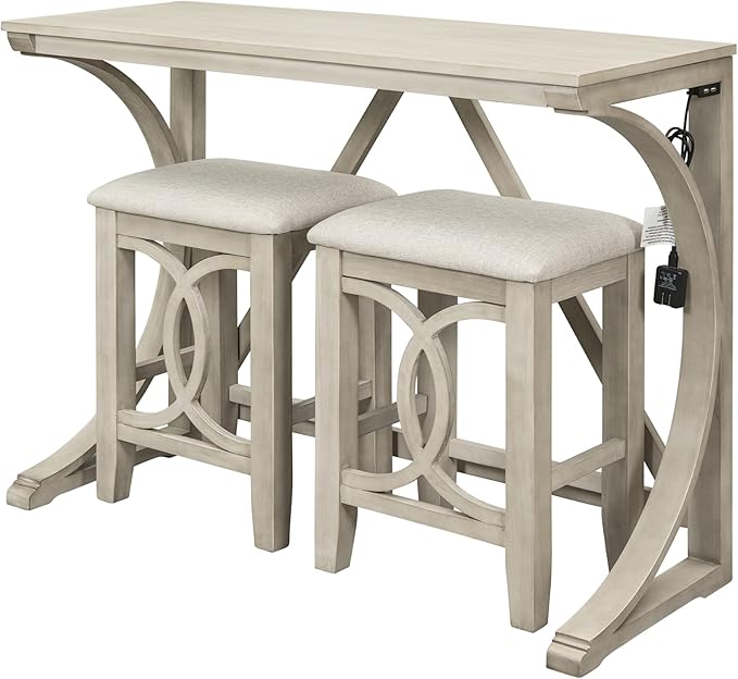 Polibi 3-Piece Farmhouse Counter Height Dining Set, Wood Kitchen Dining Table Set with USB Port and 2 Upholstered Stools for Small Places (Milky White)