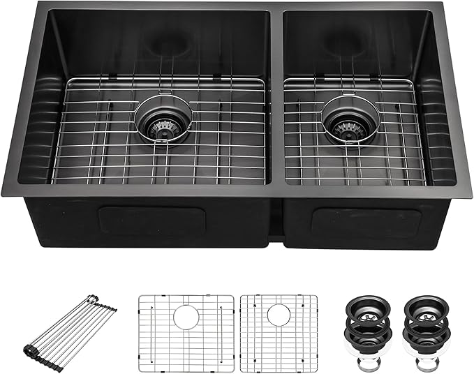 33 Inch Black Undermount Kitchen Sink - 33”x19”x10” Stainless Steel Gunmetal Black 16 Gauge 10 Inch Deep 60/40 Double Bowl Kitchen Sink Basin