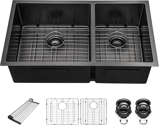33 Inch Black Undermount Kitchen Sink - 33”x19”x10” Stainless Steel Gunmetal Black 16 Gauge 10 Inch Deep 60/40 Double Bowl Kitchen Sink Basin