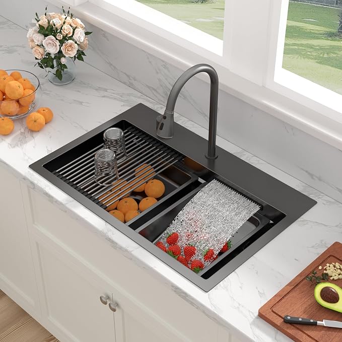 Sarlai 31 Inch Black Waterfall Kitchen Sink Drop In - 31x20 Inch Drop In Waterfall Sink Ledge Workstation Black Stainless Steel 16 Guage Single Bowl Kitchen Sinks Basin