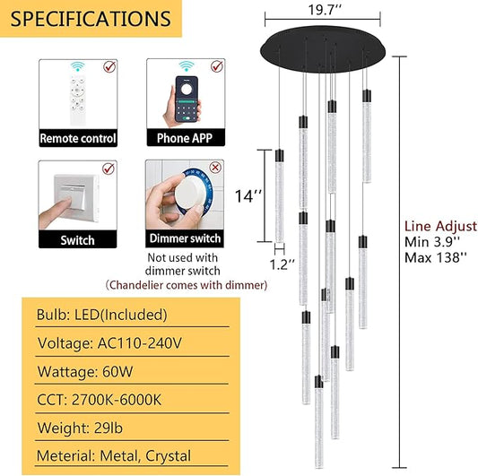 10-Lights Modern Chandelier for Staircase LED Dimmable Chandelier Crystal Chandelier Pendant Lights for High Ceiling Chandelier for Foyer