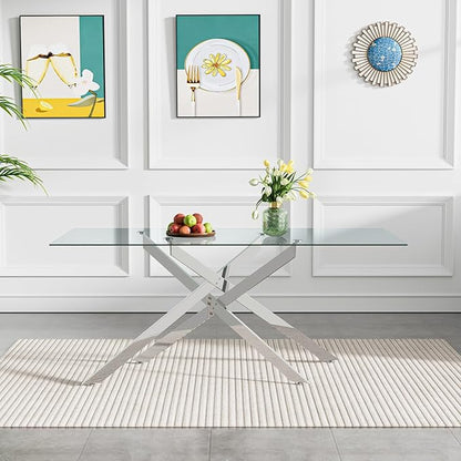 60.6'' Tempered Glass Dining Table for 4-6 People, Rectangle Kitchen Table with X-Base Metal Legs, Adjustable Feet, Glass Top Desk for Home Office Silver Dining Room Table for 6