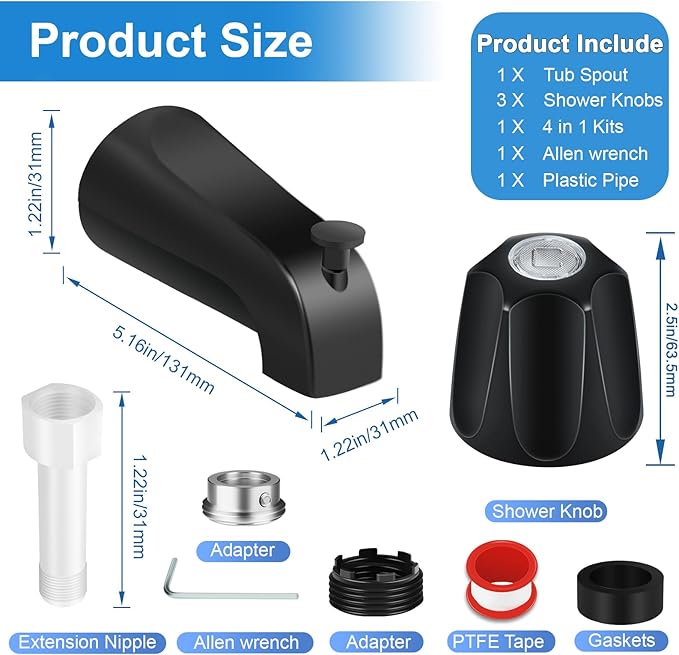 Tub Shower Trim Kit, Matte Black Shower Knob and Bath Tub Spout, for Price/Pfister Verve and 3 Handle Tub Faucet, for 1/2" Copper Connection, 1/2" and 3/4" Male Thread Connection (Matte Black)