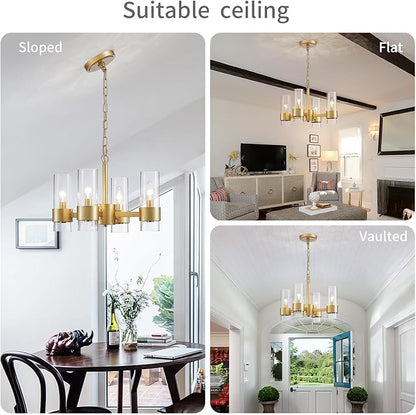 WUZUPS Industrial Chandelier 4-Light with Clear Glass Modern Farmhouse Round Light Fixture for Dining Room Kithen Island Foyer, Width 16.9" Height 12.2", Gold