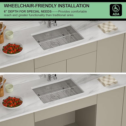 25 Inch Undermount Kitchen Sink - Beslend ADA 6 Inch Depth 25x18 Undermount Sinks Stainless Steel 16 Gauge Mobility Friendly Sink for Wheelchair Accessible & Accessible Design Kitchen