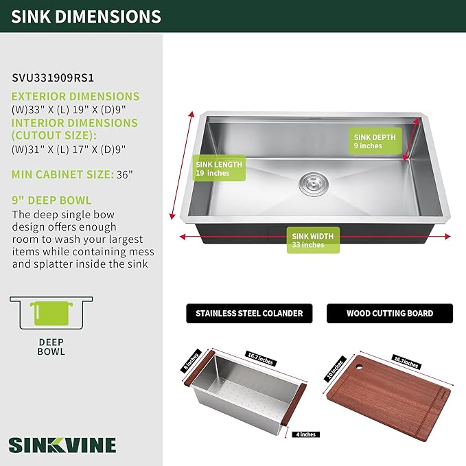 33-inch Undermount Kitchen Sink Workstation, SINKVINE 33x19 Large Outdoor Prep Sink BBQ, Stainless Steel Single Bowl w/Sapele-Wood Cutting Board, SST Colander w/Wood Handle, and Roll-up Dish Drying