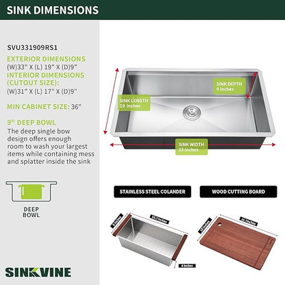 33-inch Undermount Kitchen Sink Workstation, SINKVINE 33x19 Large Outdoor Prep Sink BBQ, Stainless Steel Single Bowl w/Sapele-Wood Cutting Board, SST Colander w/Wood Handle, and Roll-up Dish Drying