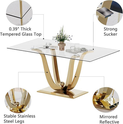 70" Glass Dining Table for 6-8, Modern Dining Room Table with 0.39" Tempered Glass Top and Dual U-Shaped Gold Stainless Steel Base, Rectangle Kitchen Dinner Table for Dining Room