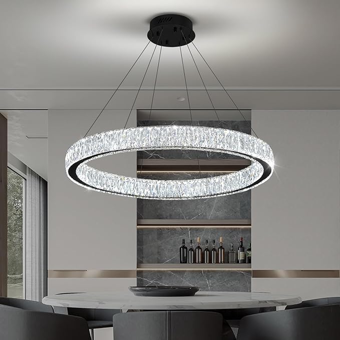 Modern LED Dimmable Crystal Chandelier 31.5" Ring Pendant Light Adjustable Black Round Crystal Chandelier Light Fixtures for Dining Room Living Room