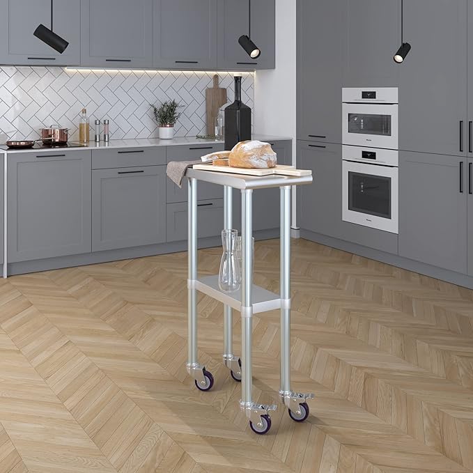 Stainless Steel Work Table with Wheels | NSF Kitchen Island Food Prep | Laundry Garage Utility Bench (Table + Wheels, 12" Long x 24" Deep)