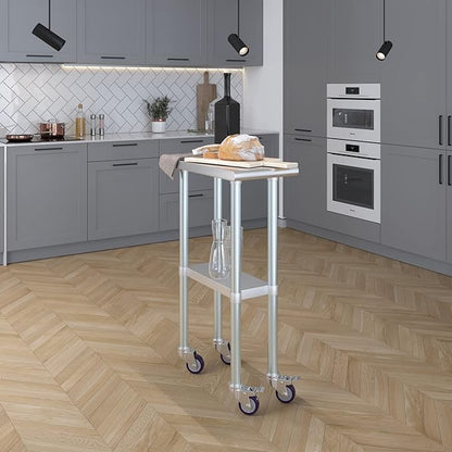 Stainless Steel Work Table with Wheels | NSF Kitchen Island Food Prep | Laundry Garage Utility Bench (Table + Wheels, 12" Long x 24" Deep)