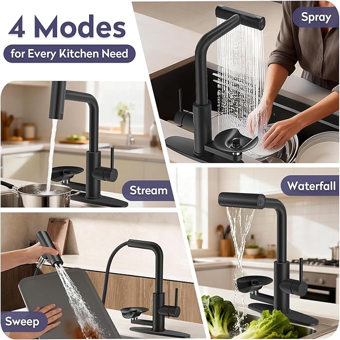 HOWUWEY Kitchen Faucet with Pull Down Sprayer & Cup Washer, Glass Rinser Faucet for Kitchen Sink, Single Handle Waterfall 1 or 3 Hole Tap for Bar Sink Farmhouse Camper Laundry Rv (Black)