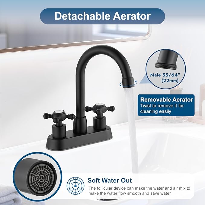 4 Inch Centerset Bathroom Faucets Double Cross Handle Bathroom Sink Faucet Deck Mounted Vintage RV Farmhouse Vanity Basin Mixer Tap with Pop up Drain,Matte Black