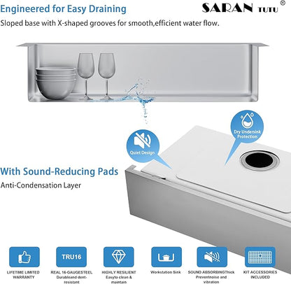 33-Inch Farmhouse Kitchen Sink, 16 Gauge Stainless Steel Farm Sink, Undermount Single Bowl, Brushed Finish, Deep Basin, Workstation Design with Accessories (Stainless Steel, 33" x 22" x 10")