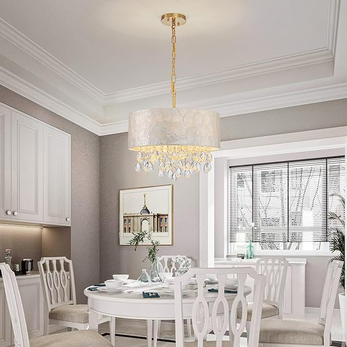 LumFurn D 16inch 4-Light Drum Capiz Shell Crystal Chandeliers, Coastal Style Pendant Light Fixture for Dining Room, Living Room, D16x20~67"(Adjustable Height), Shell Lampshade, Crystal & Gold Finish