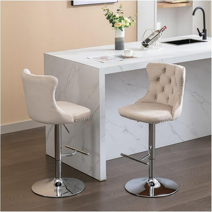 Swivel Velvet Barstools Adjusatble Seat Height from 25-33 Inch, Modern Upholstered Chrome Base Bar Stools with Backs Comfortable Tufted for Home Pub and Kitchen Island（Beige,Set of 2）,for Living Room
