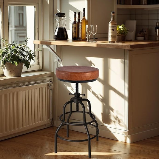 LOKKHAN Industrial Bar Stools-Swivel Leather Metal Bar Stool-20-27 Inch Tall Counter Height-Adjustable Kitchen Stool Dining Chair Cafe Stools (Set of 2)