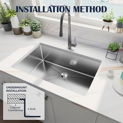 30 Inch Undermount Kitchen Sink - 30x19x9 Kitchen Sinks with Brushed, 18 Gauge 304 Stainless Steel Includes Drain Strainer, Deep Single Bowl Handmade Basin