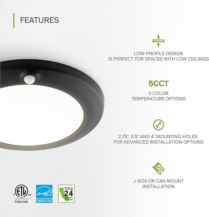 ASD 6 Inch Motion Sensor LED Disk Lights - 15W 120V 2700-5000K Black Dimmable Flush Mount Ceiling Light Fixture, Low Profile Surface Mount Disc Lights, Junction Box & Can, ETL, Energy Star