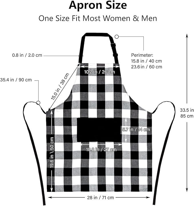 Jubatus 1 Pack Buffalo Check Apron with 2 Pockets Adjustable Bib Chef Kitchen Aprons for Men and Women, Black & White
