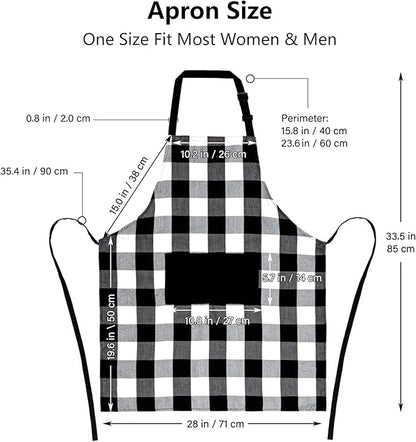 Jubatus 1 Pack Buffalo Check Apron with 2 Pockets Adjustable Bib Chef Kitchen Aprons for Men and Women, Black & White