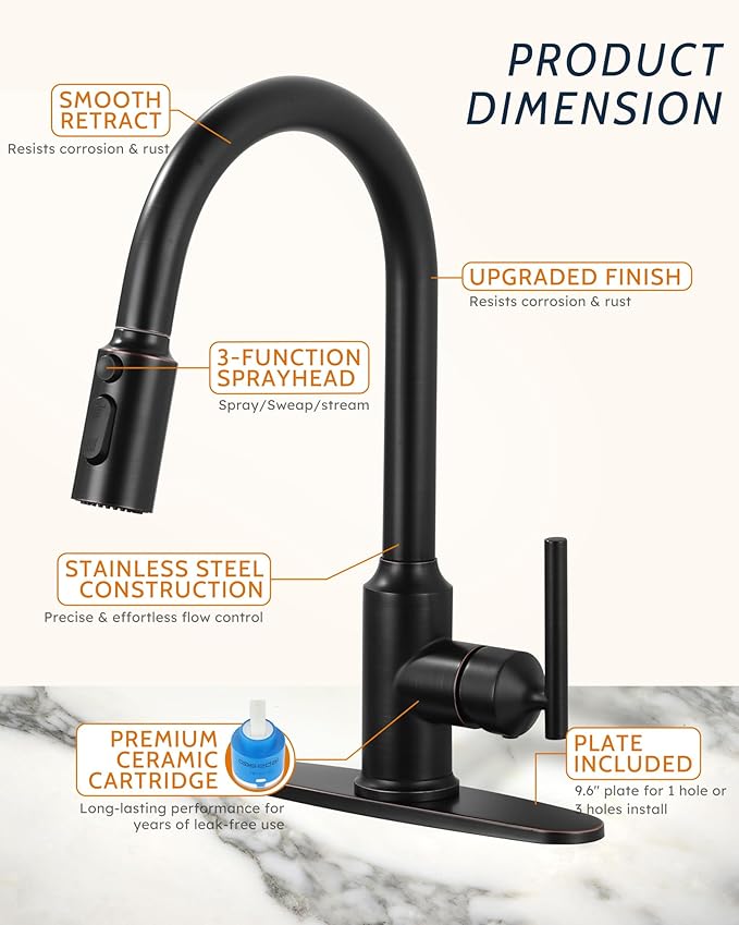 WOWOW Kitchen Faucets with Sprayer, Oil Rubbed Bronze Rv Kitchen Faucet, Single-Handle Camper Outdoor Sink laundry faucets for Utility 4 Hole Kitchen Faucet for Sink Faucet Kitchen with Soap Dispenser