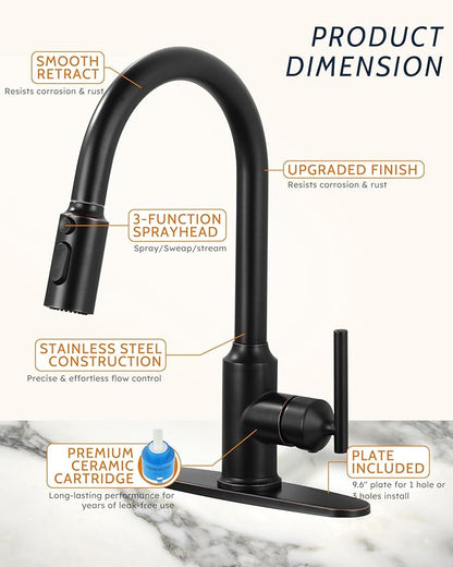 WOWOW Kitchen Faucets with Pull Down Sprayer, Oiled Rubbed Bronze Kitchen Faucet with Sprayer, 304 Stainless Steel High Arc Single Handle Pull Down Kitchen Faucet for Kitchen Sink Faucet