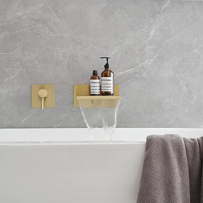 BWE Wall Mount Bathtub Faucet Brushed Gold Single Handle Modern Bathtub Faucet with Rough in Valve High Flow Filler Waterfall Tub Spout