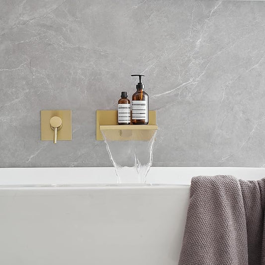 BWE Wall Mount Bathtub Faucet Brushed Gold Single Handle Modern Bathtub Faucet with Rough in Valve High Flow Filler Waterfall Tub Spout