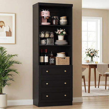 Cyclysio 80" Kitchen Pantry Cabinet with 3 Drawers, Tall Storage Cabinet Wood Food Pantry with Thickened Top Panel and Adjustable Shelves, Versatile Cupboard for Kitchen, Dining Room (1, Black)