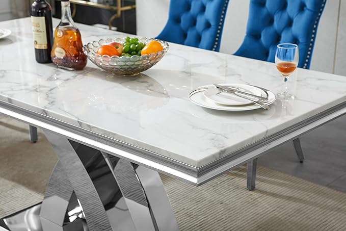 Modern Marble Dining Table for 4-6,White Dining Room Table with Silver X Stainless Steel Base,68" Rectangle Faux Marble Kitchen Table for 4-6 People,Luxury Dining Table for Living Room Home Office