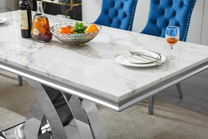 Modern Marble Dining Table for 4-6,White Dining Room Table with Silver X Stainless Steel Base,68" Rectangle Faux Marble Kitchen Table for 4-6 People,Luxury Dining Table for Living Room Home Office
