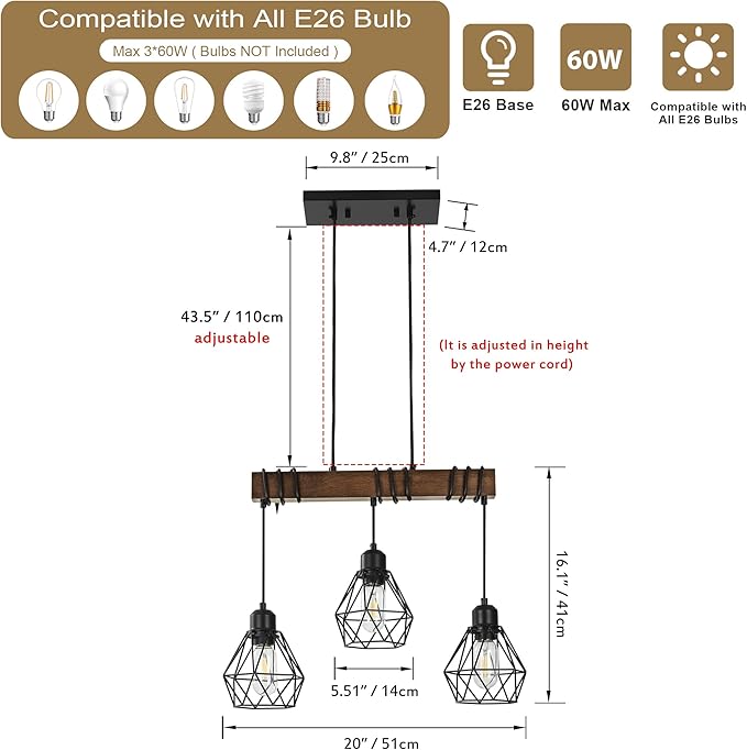 20'' 3-Light Kitchen Chandeliers Over Table, Farmhouse Black Dining Room Light Fixture, Linear Rustic Wood Ceiling Pendant Island Light Fixtures with Metal Lampshade, Height Adjustable by Power Cord