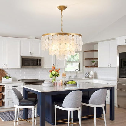 Shell Chandelier, White and Gold Chandelier Light Fixture with 4 Lights Capiz Seashell Pendant for Foyer,Kitchen Island,Entryway,Dining Room (18" Coastal Chandeliers)