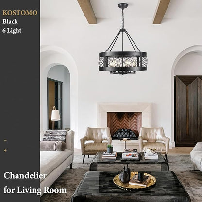 Black Chandelier 6-Light Adjustable Farmhouse Chandelier Dining Room Light Fixture Kitchen Island Lighting Drum Rustic Hanging Lights for Entryway Foyer Bedroom Living Room