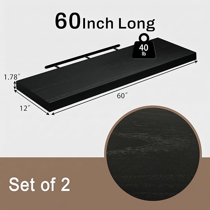 60x12 Inch Floating Shelves for Wall, Set of 2 Solid Wood Wall Shelves, Extra Long Heavy Duty Wall Mount Shelf for Living Room & Kitchen, Large Black Floating Shelves