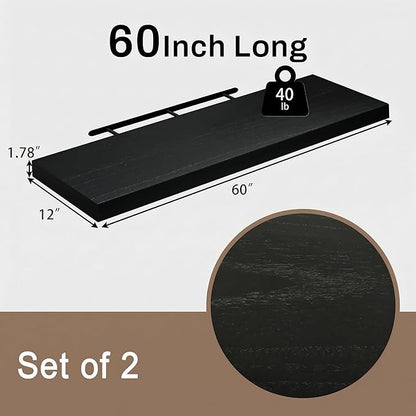 60x12 Inch Floating Shelves for Wall, Set of 2 Solid Wood Wall Shelves, Extra Long Heavy Duty Wall Mount Shelf for Living Room & Kitchen, Large Black Floating Shelves