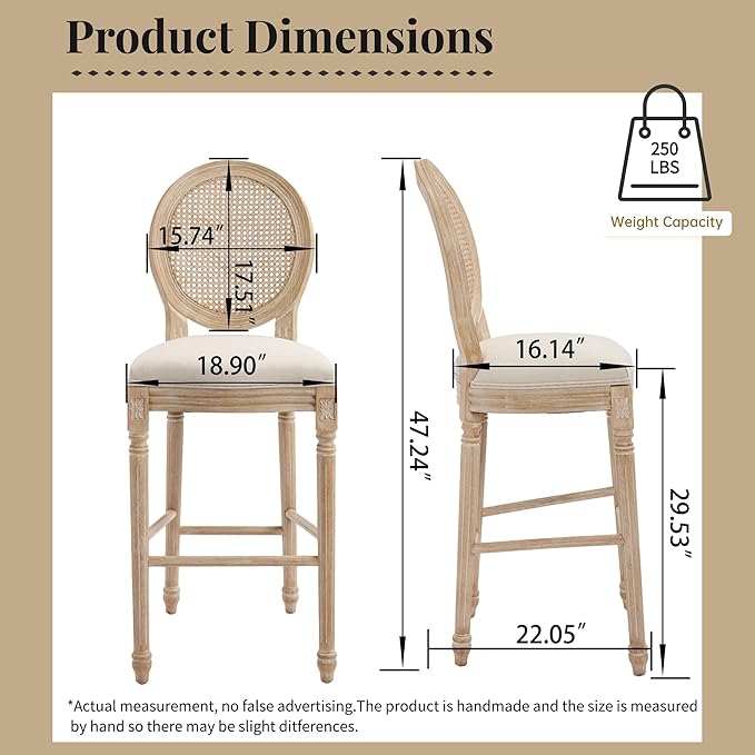 French Country Bar Chairs Set of 2, 30 Inch Upholstered Counter Stools with Natural Rattan Round Back, Solid Wood Frame & Cotton Linen for Kitchen Island, Dining Room, Bistro, Beige