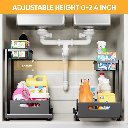 Saydear Under Sink Organizer Storage 2-Tier Premium Metal Pull-Out Kitchen Cabinet Organizer with Sliding Drawer, Height Adjustable, Heavy Duty for Kitchen & Bathroom Organizers 2 Pack Black