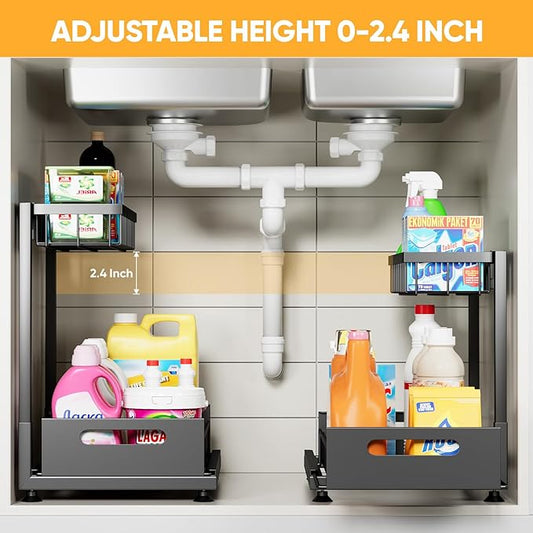 Saydear Under Sink Organizer Storage 2-Tier Premium Metal Pull-Out Kitchen Cabinet Organizer with Sliding Drawer, Height Adjustable, Heavy Duty for Kitchen & Bathroom Organizers 1 Pack Black
