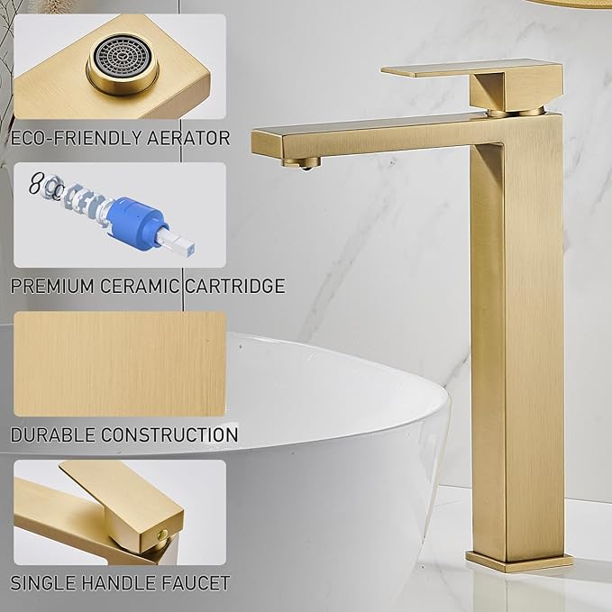AVSIILE Brushed Gold Vessel Sink Faucet, 1 Hole Single Handle Tall Bathroom Vanity Faucets, Modern Utility Rv Laundry Bath Restroom Mixer Tap with Metal Pop Up Drain and 2 Water Supply Lines